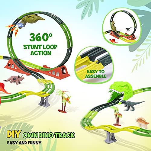 Dinosaur Track Toys Set, Rechargable Dinosaur Race Car, Flexible Tracks with Bridge/Ramps/Double 360° Loop, Assemble Track Toys to Create A Dinosaur World Road Race Great Gift for Kids Age 3+