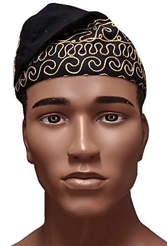 Gold African Kufi Hat With Black Embroidery – 100% Cotton, Made In Nigeria