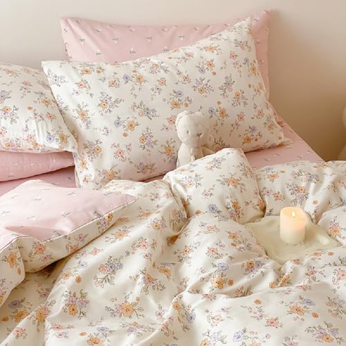 Freyamy Blumen Bettwäsche 200x200cm 3teilig Rosa Creme Bettwäsche-Set