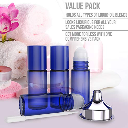 Essential Oil Roller Bottles [Plastic Roller Ball] FREE Plastic Pippette and Funnel - Refillable Glass Color Roll On for Fragrance Essential Oil - 30ml 1 oz (4 PACK, BLUE) - Thumbnail 4