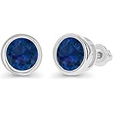 14K Gold Plated 925 Sterling Silver Hypoallergenic 7mm Round Bezel Set Genuine Birthstone Solitaire Screwback Stud Earrings