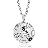 Zodiac Constellation Pendant Necklace Stainless Steel Round Disc Zodiac Sign Necklace for Women Men Birthday Gift Jewelry