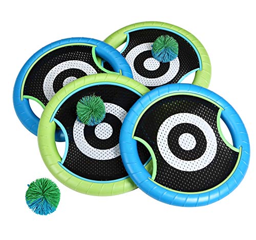 Win SPORTS Deluxe Trampoline Paddle Ball Flying Discs, Super Bounce-Back Family Game Set (4 Paddles & 3 Balls & Storage Bag) (Green)