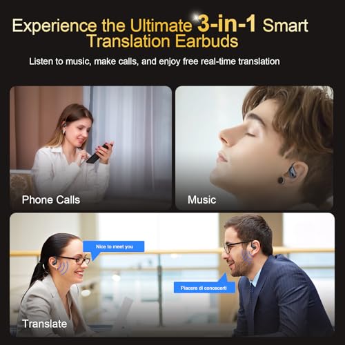AI Headphones Translator, 3-in-1 Bluetooth 5.4 Real Time Voice Translator Headphones 164 Languages with App, 75 Hours Translator Earphones with Ear Hooks and ENC Mic, 6 Translation Modes for Business