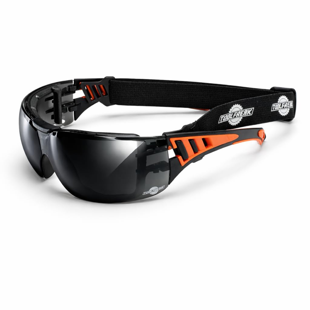 ToolFreak Rip Out Work and Sports Safety Glasses & Sunglasses, Anti Glare Wraparound Smoke Tinted Lens, Foam Padded, Impact & UV Protection, Headstrap & Carry Pouch