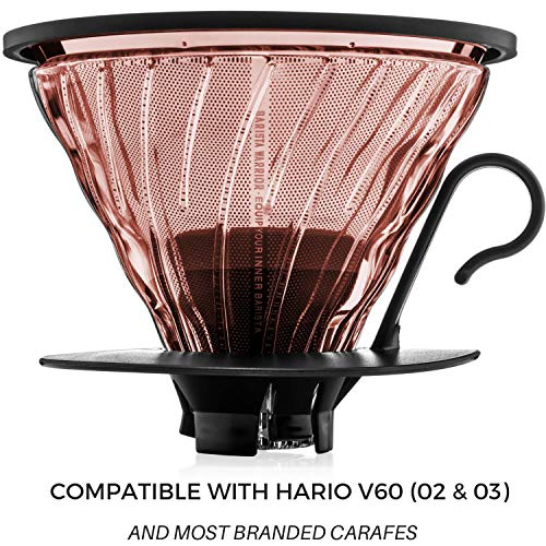 In conclusion, the Barista Warrior Compatible for Hario V60 and Chemex Pour Over Coffee Filters - Reusable Stainless Steel with Copper Coating - is a choice that seamlessly combines practicality, style, and sustainability for coffee enthusiasts who value efficiency. Get the best out of your coffee while making a positive impact on the environment - a win-win situation! Description by ChatGPT.