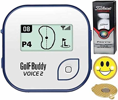 GolfBuddy Voice 2 Golf GPS/Rangefinder (40k+ Preloaded Worldwide Courses) Bundle with 1 Sleeve (3 Balls) Titleist Pro V1X and Magnetic Hat Clip Ball Marker (Smiley Face)