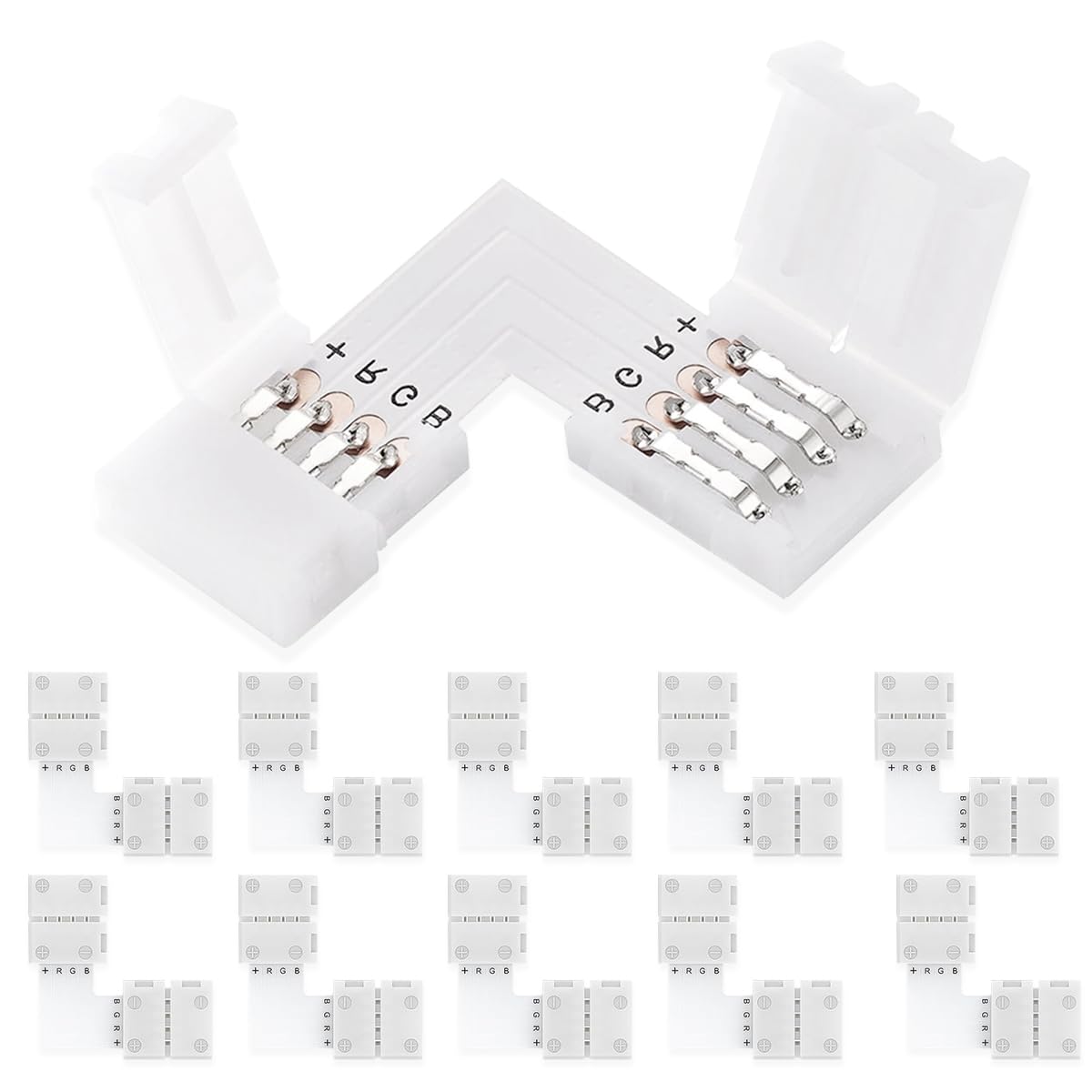 UBRAVE LED Light Connector, 10 Pcs 10mm 4 Pin RGB LED L Shape Connector, RGB Splitter Right Angle Corner Connector, 10mm Gapless Adapter for RGB SMD 5050 RGB Multicolor LED Strip Lights 12V-24V — image 1