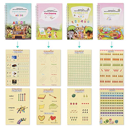 English Magic Practice Copybook for Kids, Be Reused Handwriting Copybook Set, Caligraphy Practice Book, Numbers, Drawing, Alphabet, Addition and Subtraction