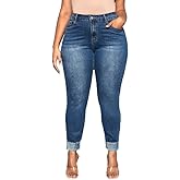 Vaimti Plus Szie Women's High-Waisted Stretch Denim Jeans, Medium Blue Wash, Plus Size, Cuffed Ankle Length, Casual Style