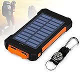 Foreverrise 10000mAh Solar Charger Dual USB Battery Pack Portable Phone Solar Power Bank Waterproof Battery Charger with LED Light and Carabiner with Compass Pack for Most USB Devices(Orange)