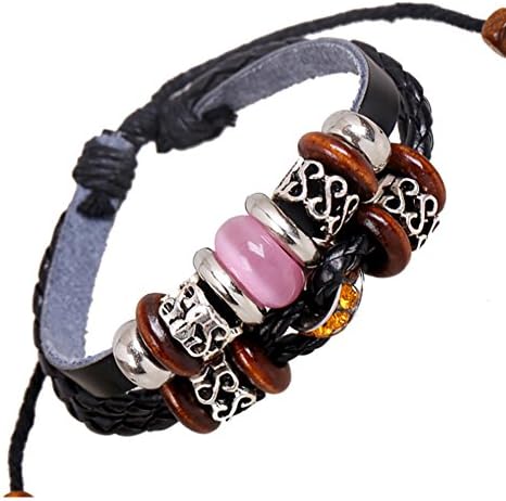 SumBonum Jewelry Womens Alloy Genuine Leather Braided Surfer Wrap Bracelet, Vintage Beads Leaf Cuff Charm Bracelet, Adjustable Fits 7 Inch-12 Inch