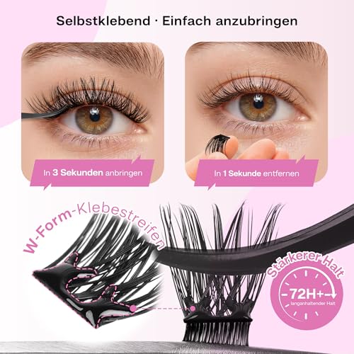 CALAILIS Self-Adhesive Eyelash Extensions, 198 Pieces, D Curl Wispy Eyelashes, Self-Adhesive, Press On Lashes, No Glue Needed, Pre Glue Eyelashes with Tweezers (A14)