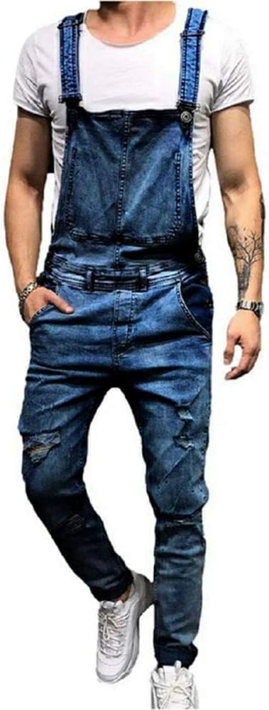 Fashion Mens Overalls Skinny, Denim Vintage Ripped Trousers Slim Fit Jumpsuits Dungarees Jeans Breathable Distressed