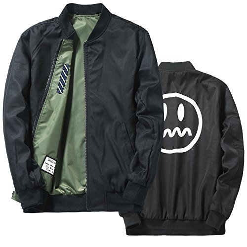 HENGAO Men's Casual Reversible Patches Varsity Bomber Jacket Coat Outwear, Military Green, XL/48R = Tag 5XL - Thumbnail 5