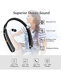 Auriculares Bluetooth, auriculares con Bluetooth, EGRD 30 horas de tiempo de reproducción, inalámbrico, diseño de correa para el cuello, con auriculares retráctiles plegables, compatibles con teléfonos móviles