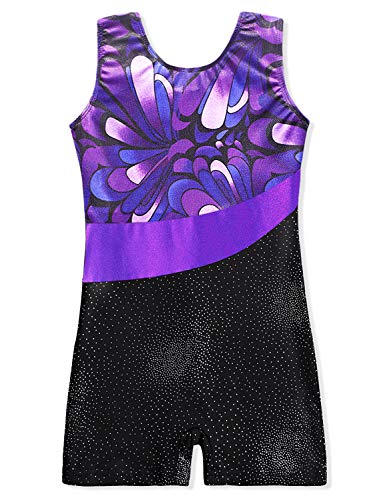 Purple Leotards for Girls Gymnastics with Shorts 9t 10t Sparkle Butterfly Flowers Pattern Sleeveless Biketards Hotpink Black (Purple, 150(9-10 years old))