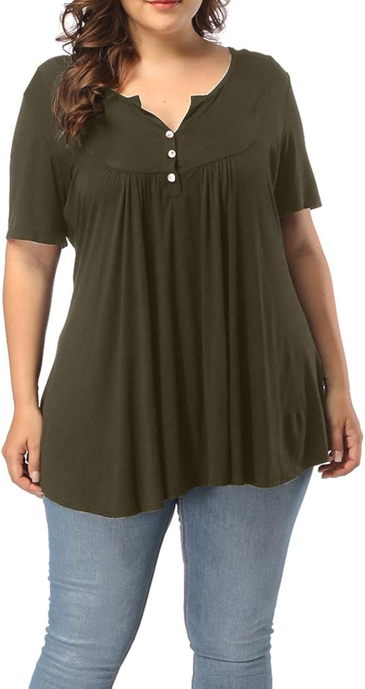 Allegrace Women's Plus Size Henley V Neck Button Up Tunic Tops Casual Short Sleeve Ruffle Blouse Shirts