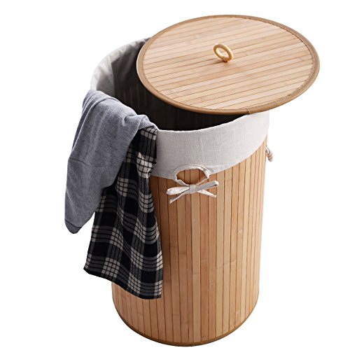ZaZaTool Round Bamboo Hamper Laundry Basket Washing Cloth Storage Bag Lid Natural