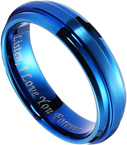 6MM Tungsten Carbide Ring Brushed Polished Center Matte Finish Wedding Band, Laser Words "I Love You Forever" (Blue, 11)