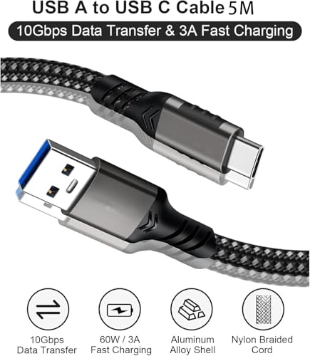CTOBY Type C Cable 5M,USB A to USB C Nylon Braided Cable,USB 3.1/3.2 10Gbps Data Transfer and 60W 3A Fast Charging,for Samsung Galaxy S24,M13,Pixel 8,Redmi Note,iPad,MacBook Pro,Nintendo Switch
