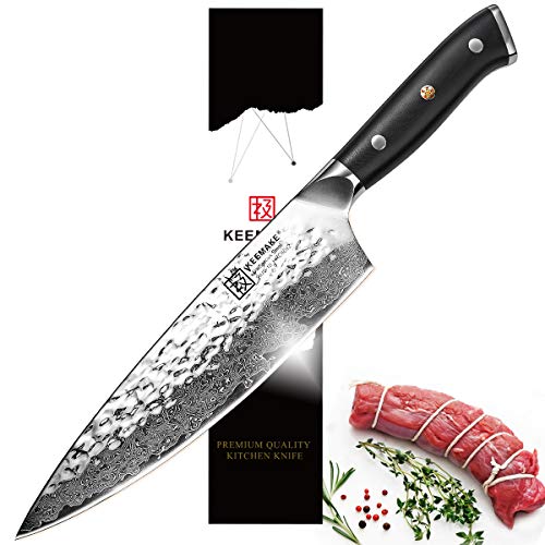 KEEMAKE Convex Damascus Chef's Knife, 8 Inch Wide Blade Kitchen Knife, 67 Layers HRC 60 Japanese AUS-10 Core Hammered Finish G10 Handle, 1 Pack