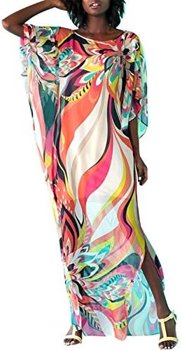 Luckygogo Women's Swimwear Cover Up Caftan Beach Long Dress Kaftans Swimsuit Cover up Print Chiffon Rayon Swimwear (Colorful)