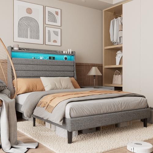 GarveeHome Full Bed Frame with Charging Station, Full Size Platform Bed Frame w…