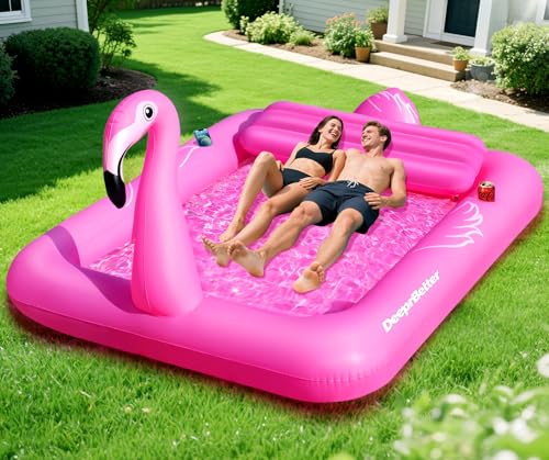 DeeprBetter Swimming Pool Mat for Adults, Flamenco Inflatable Pool Mat with Coasters, Large Inflatable Pool Mat 205 x 150 cm, Floats for Adults Pools with Pillow Beach Mats
