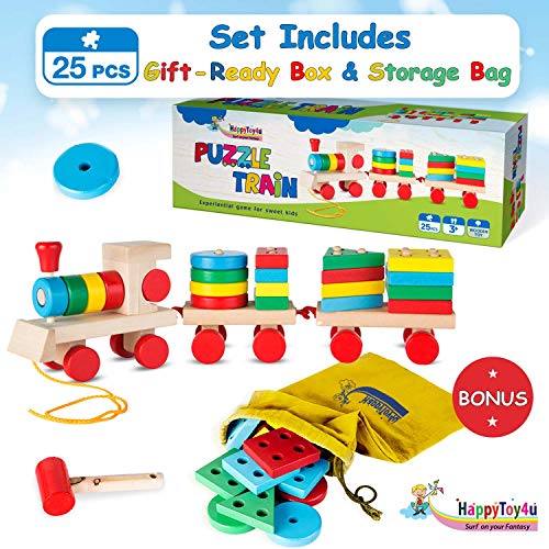 image for HappyToy4u WOODEN PUZZLE TRAIN TOY 25-Piece, Educational Pull-Along Tr