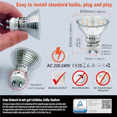 EACLL GU10 LED, Warm White, 4.9 W, Replaces 70 W Halogen Bulbs, Pack of 4, 515 Lumens 2700K Bulbs, AC 230 V, Flicker-Free Spotlight, Beam Angle 120°, Non-Dimmable Reflector Lamps