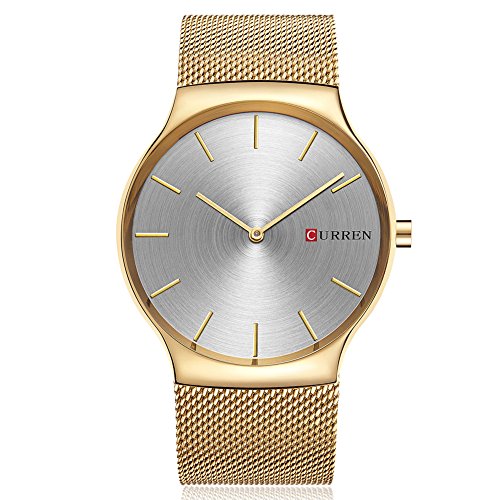 Men Quartz Watches, CURREN Analog Wristwatch with Stainless Steel Mesh Band Ultra Thin Dial Luxury Business and Leisure Dual-use Watch for Men 8256 (Gold Gray)