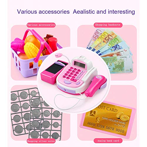 Fullfun Kids Supermarket Cash Register Toy with Basket Pretend Play Role-Playing Games Play Money Educational Girls Toys for Children