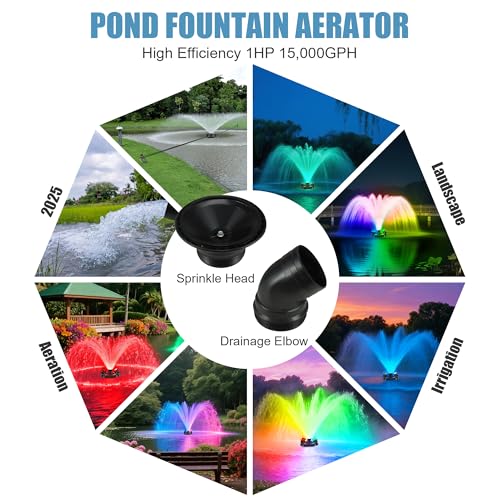 Goldlife Pond Fountain Aerator, F3 With 4 RGB Lights, 1HP 750W 110V Stainless Steel Floating Fountain With 100FT Power Cord Black Octagon Aerating Fountain Pump for Small Large Pond Lake Pool FishFarm