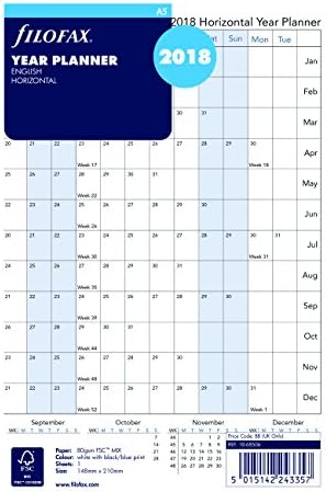 Filofax 2018 A5 Full Year Horizontal Planner Refill, English, 8.25 x 5.75 inches (C68506-18)