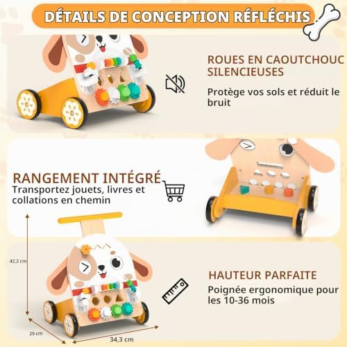 Chariot de Marche Bois Chien Montessori 6-en-1, dès 3+ ans