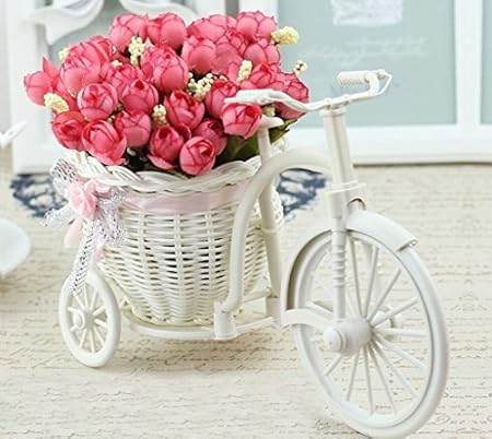 TIED RIBBONS Cycle Shape Plastic Flower Vase with Peonies Bunches (10.01 cm x 11.99 cm x 21.01 cm, Pink)