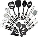 Cooking Utensils Set 22-piece - Home Kitchen Tools - Stainless Steel &amp; Nylon Gadgets - Turners, Tongs, Spatulas, Pizza Cutter, Whisk, Bottle Opener, Grater, Peeler, Can Opener, Measuring Cups &amp; Spoon ()