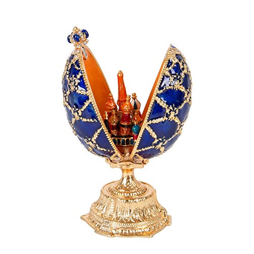 QIFU Hand Painted Enameled Blue Easter Egg Style Decorative Hinged Enamel Trinket Box