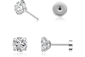 4mm Tiny Cubic Zirconia Screw on Stud Earrings,Unisex Flat Back Stud Earrings,Cartilage Tragus Helix Piercing Steel Hypoaller
