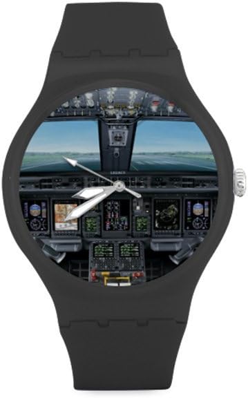 Airplane Cockpit / Aircraft Cockpit Pattern Unisex Round Rubber Sport Watch, Watch Face Diameter: 1.58"