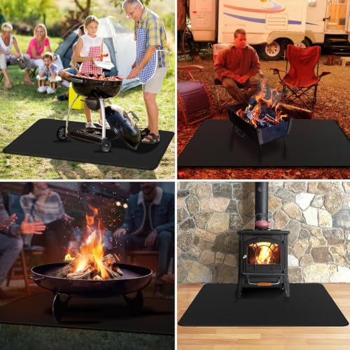 Tismels Rectangle 102 x 150 cm Fire Retardant Mat, Reusable Outdoor Barbecue Mat, Fireproof Fireplace Mat, Double-Sided Fireproof BBQ Mat for Patio and Terrace,