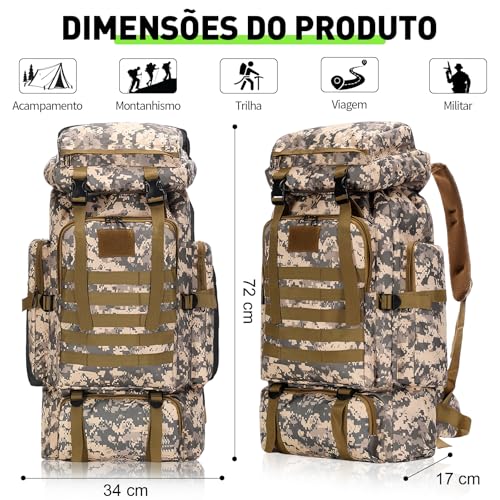 Mochila de Viagem 80L Impermeável para Camping e Trilha, Mochila Esportiva Grande Multifuncional com Compartimentos Amplos, Alças Confortáveis e Suporte para Equipamentos Outdoor, Camuflado
