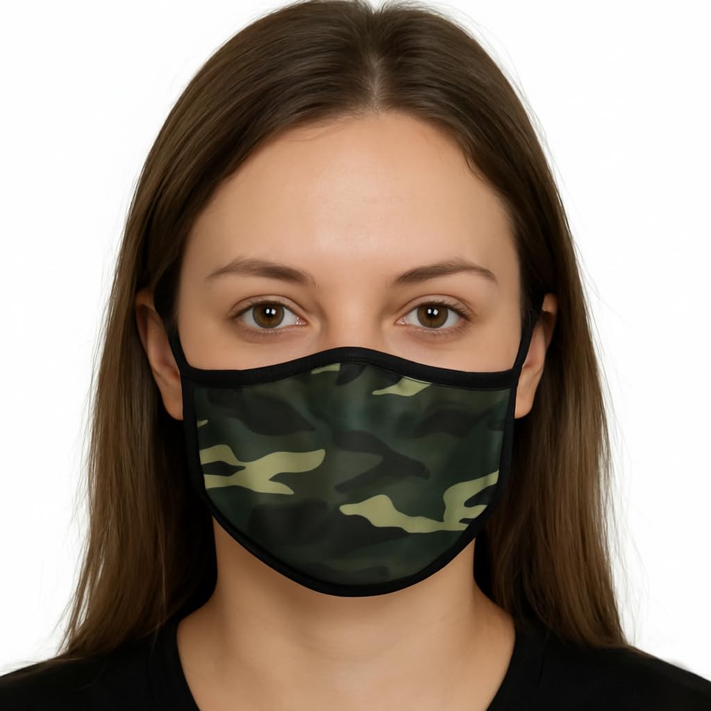 Komonee Adults Face Mask Washable Reusable Trendy Dustproof Green Camo Camouflage Cloth Mouth Cover Covering For Boys Girls Outdoors Indoors Childrens School Protection