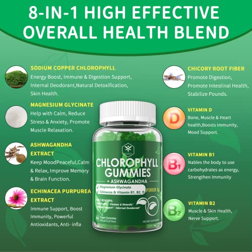 Chlorophyll Gummies 200mg, with Ashwagandha, Magnesium Glycinate, Fiber