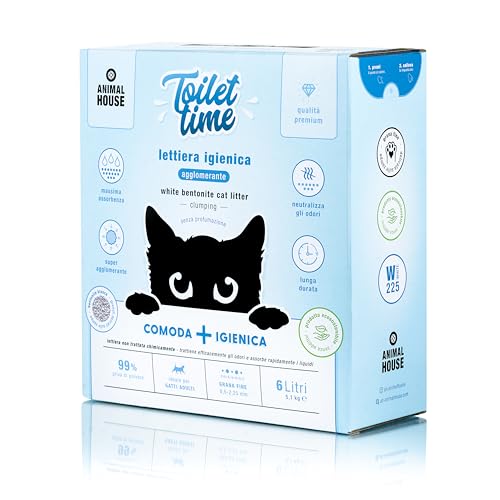 Animal House Toilet Time - Arena de bentonita Blanca para Gatos, antiestática y Segura, Ultra Absorbente, aglutinante, retiene los olores, 5,1 kg (Blanca, 6 L)