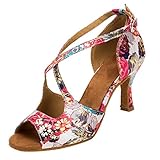 HXYOO Indoor Dance Shoes Women for Latin Ballroom Salsa Floral Satin 3