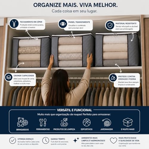 Kit 6 Caixas Organizadoras Dobráveis Multiuso com Zíper, Bolsa Organizadora para Edredom, Visor Transparente e Alças, Roupas de Cama, Cobertores, Closet e Guarda-Roupa - Marca Bigzu