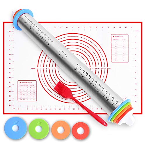 SZUAH Adjustable Rolling Pin, Stainless Steel Roller Pin with Removal Thickness Rings, Pastry Mat and Basting Brush for Baking.