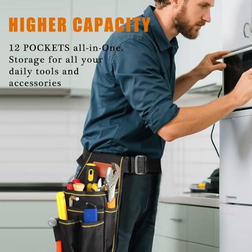 Universal Small Tool Pouch Tool Belts for Men, Small Tool Bag Electrician Tools Bag with Belt, Wear Resistant Tools Bel 12 Storage Ports Ideal for Electricians Mechanics Carpenters and More